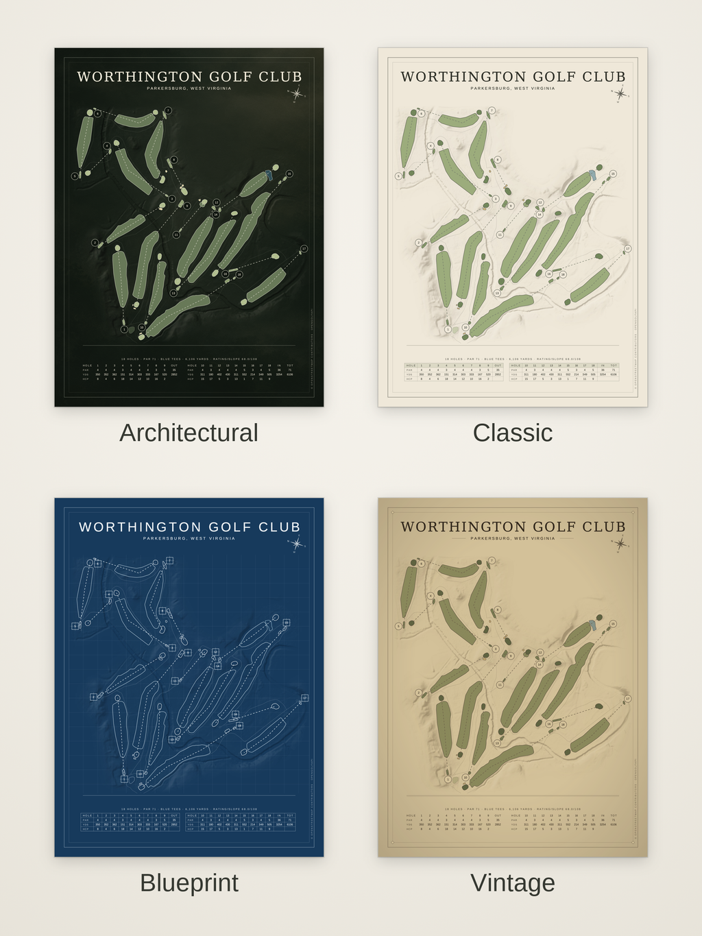 Worthington Golf Club course map poster in four styles: Architectural, Classic, Blueprint and Vintage