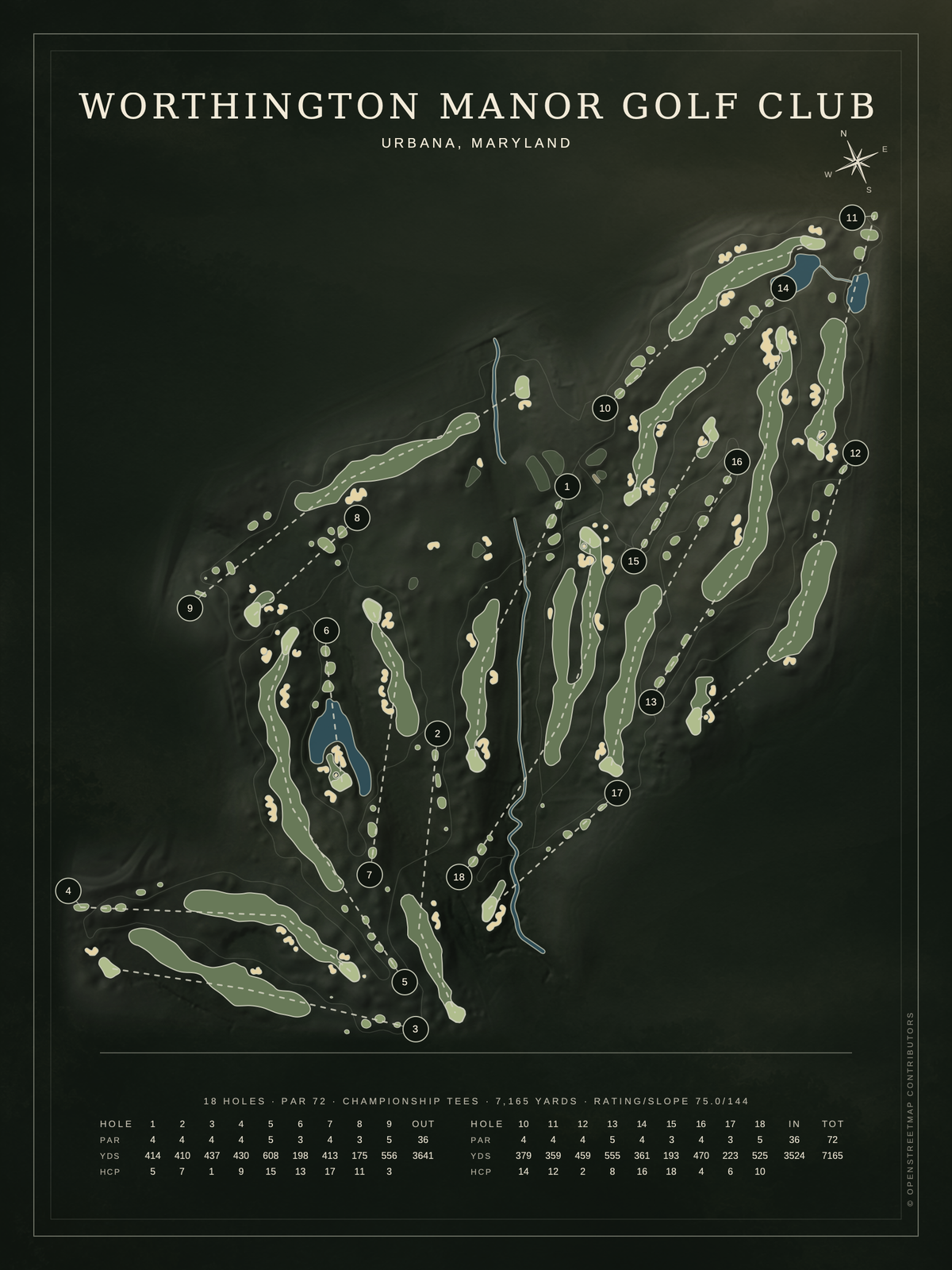 Worthington Manor Golf Club course map poster, Architectural style, 12×16 / 18×24