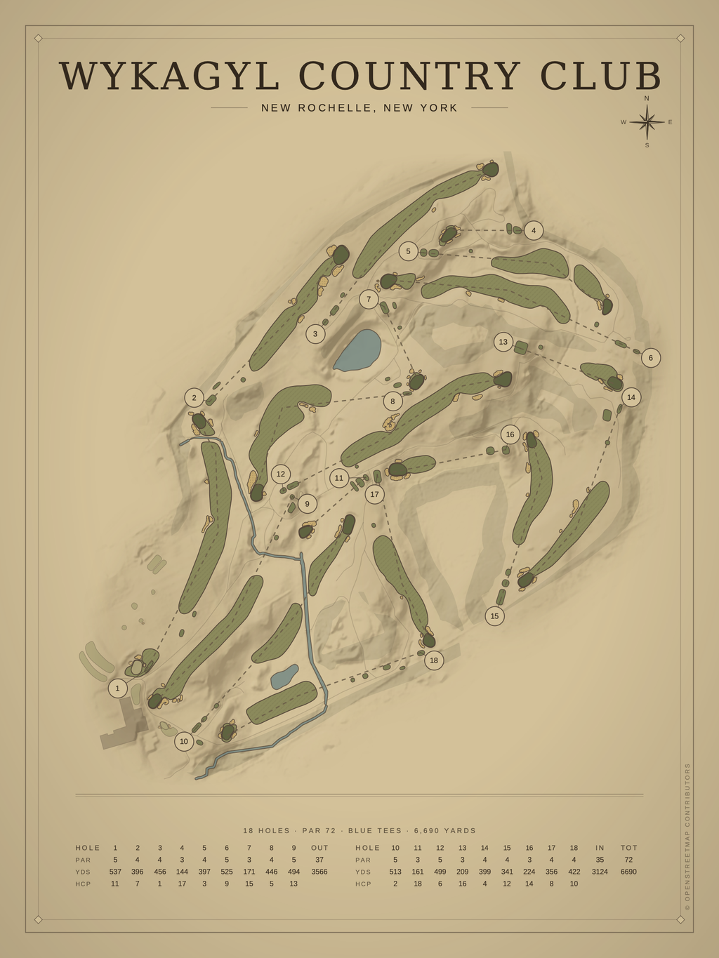 Wykagyl Country Club course map poster, Vintage style, 12×16 / 18×24