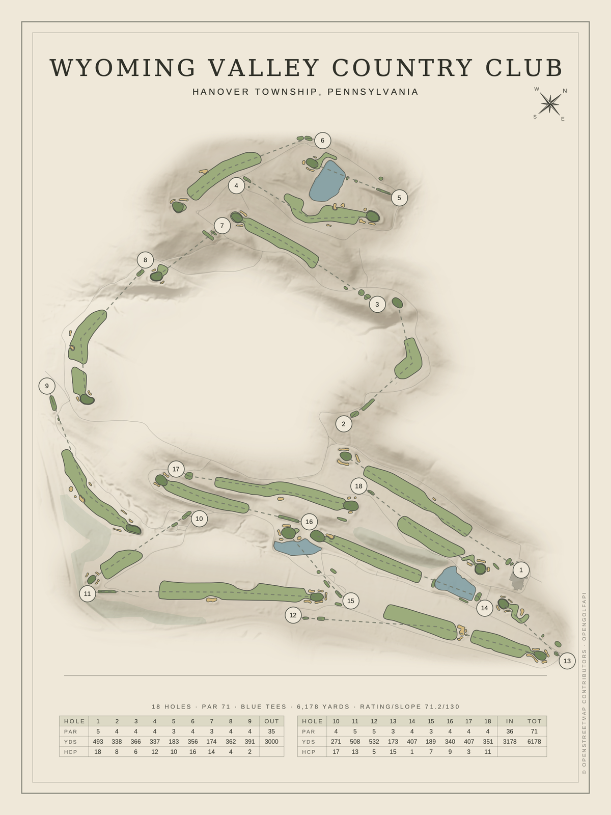 Wyoming Valley Country Club course map poster, Classic style, 12×16 / 18×24
