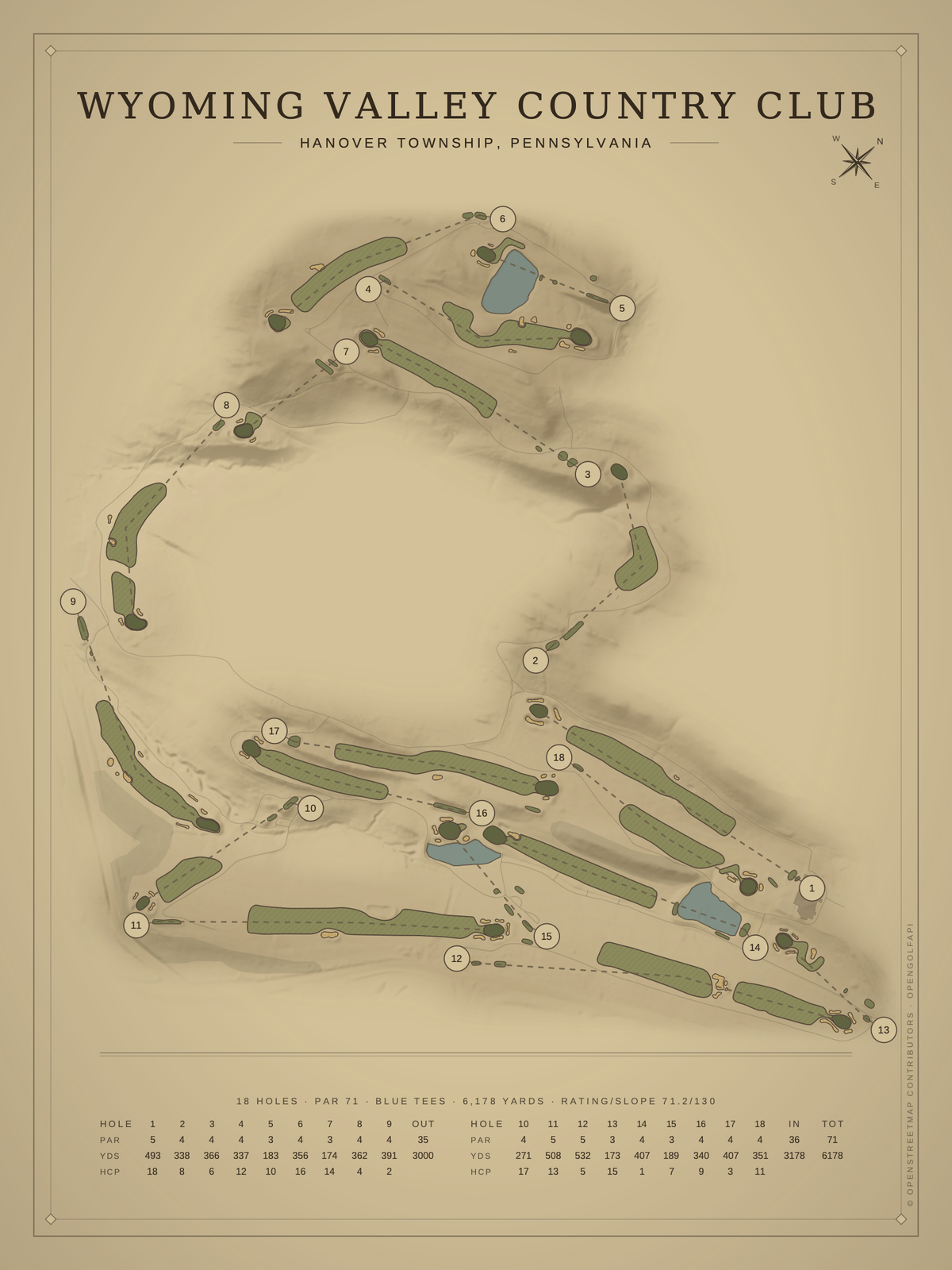 Wyoming Valley Country Club course map poster, Vintage style, 12×16 / 18×24