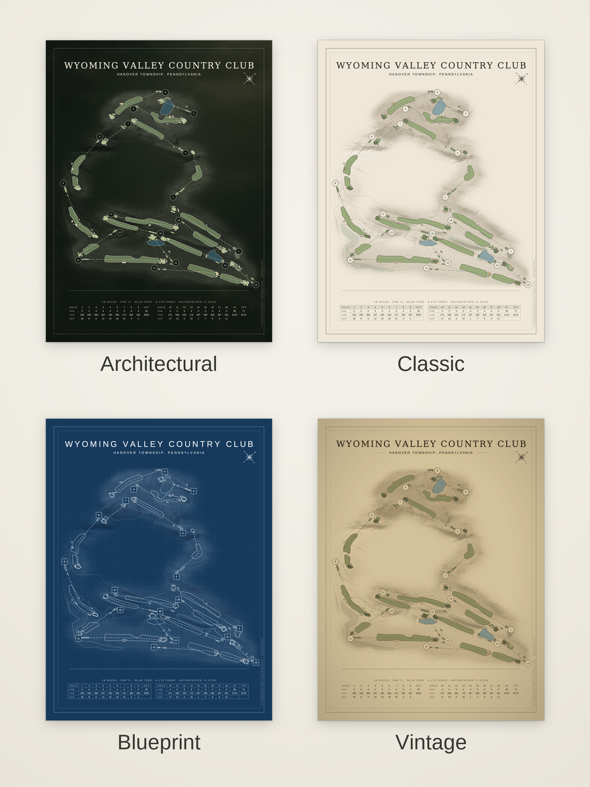 Wyoming Valley Country Club course map poster in four styles: Architectural, Classic, Blueprint and Vintage