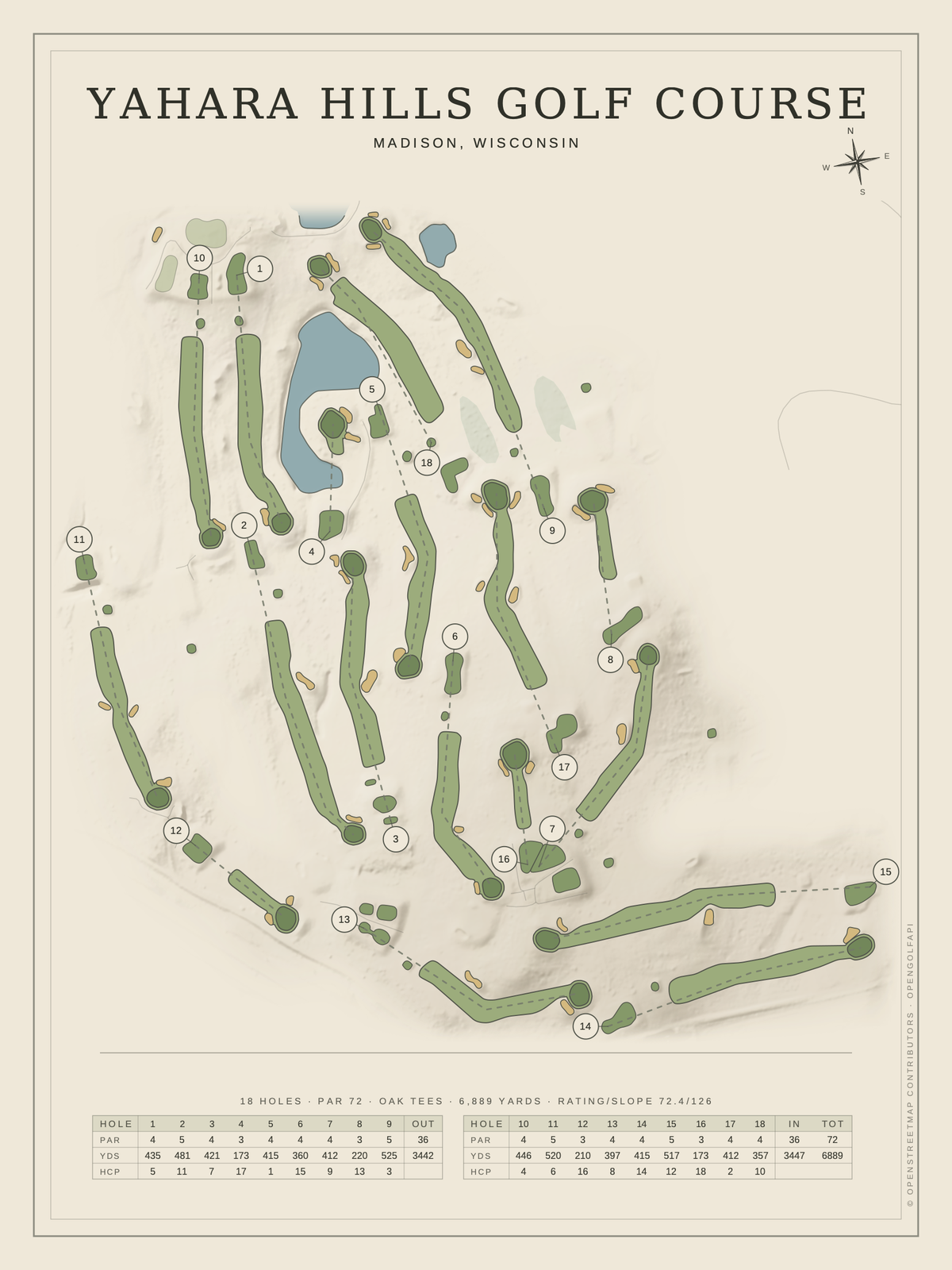 Yahara Hills Golf Course map poster, Classic style, 12×16 / 18×24