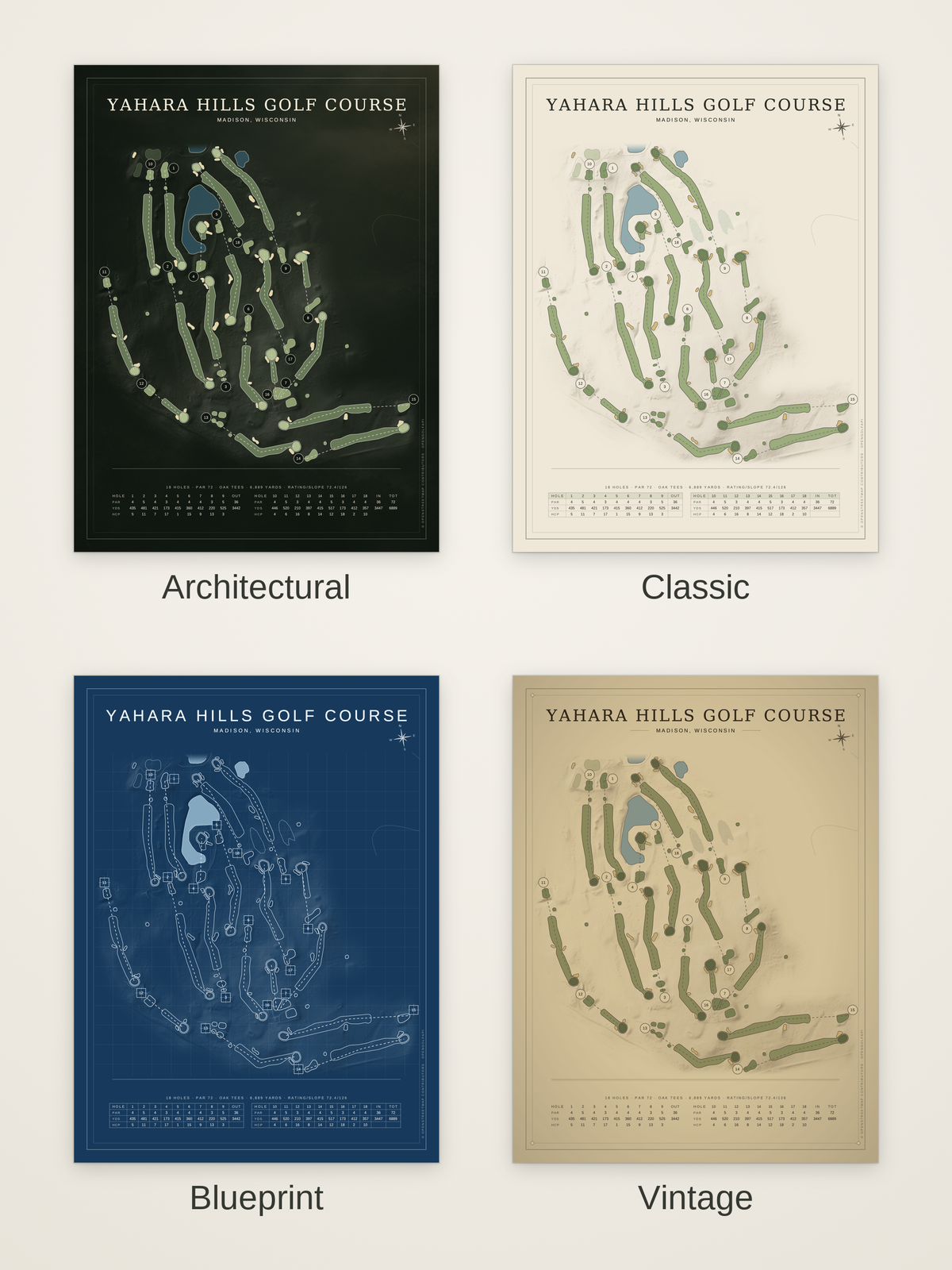 Yahara Hills Golf Course map poster in four styles: Architectural, Classic, Blueprint and Vintage