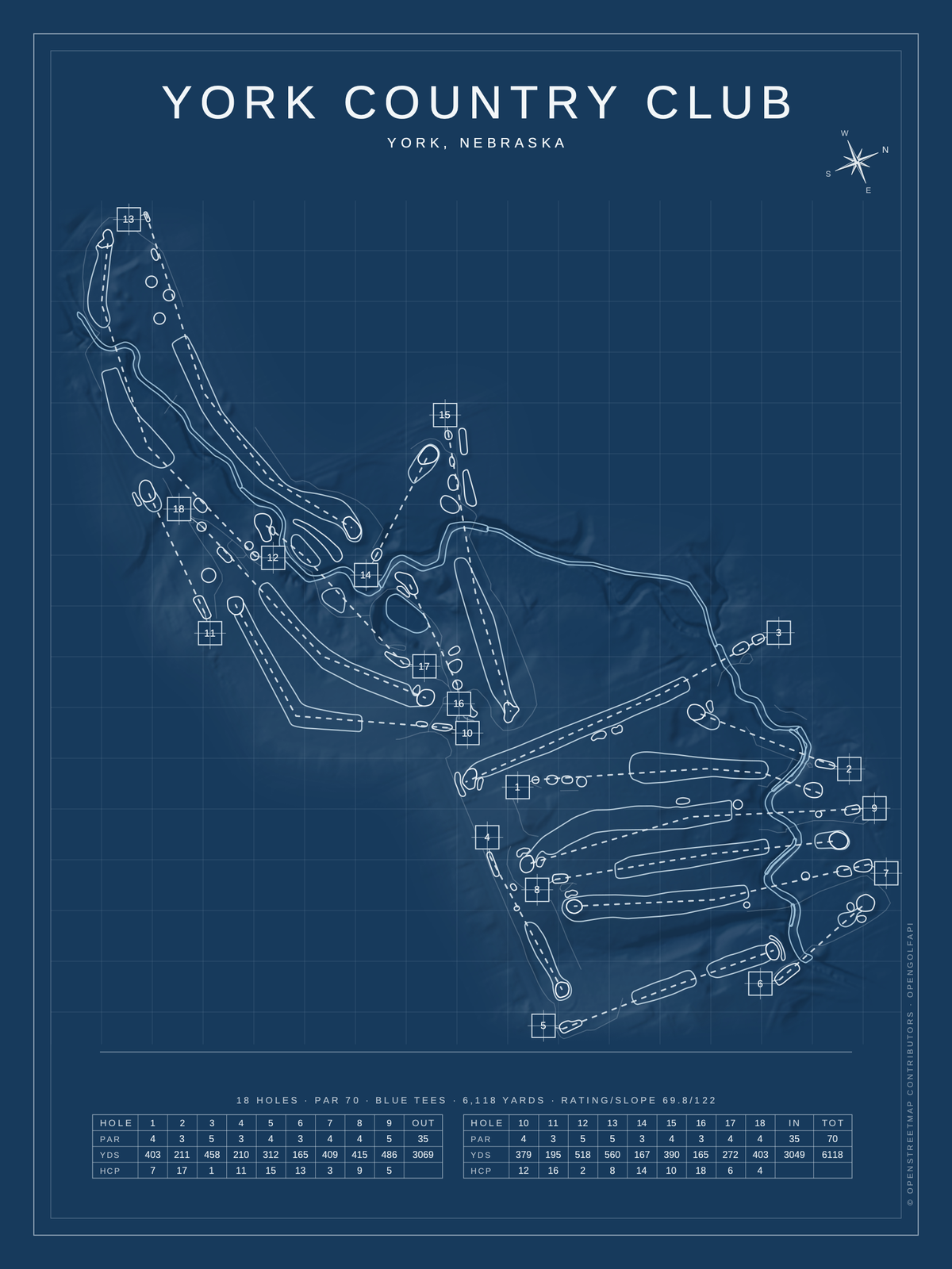 York Country Club course map poster, Blueprint style, 12×16 / 18×24
