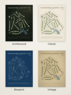Youngstown Country Club course map poster in four styles: Architectural, Classic, Blueprint and Vintage