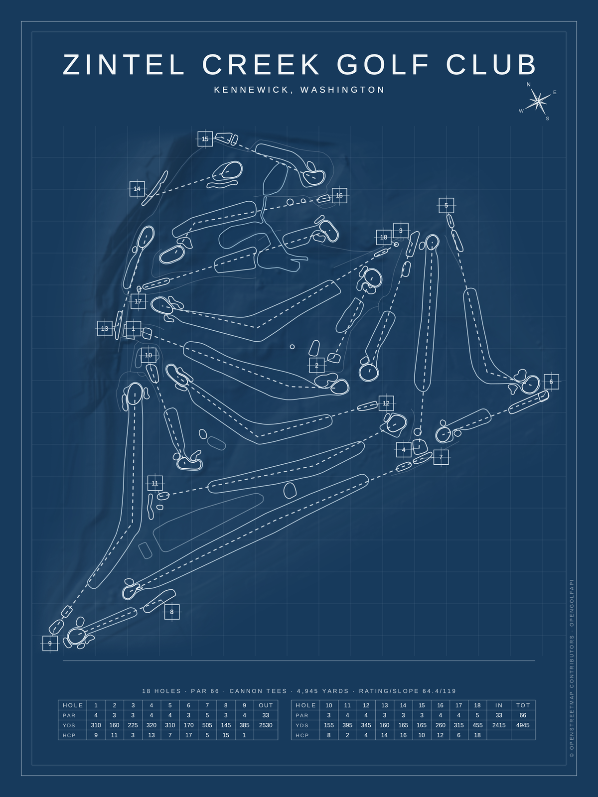 Zintel Creek Golf Club course map poster, Blueprint style, 12×16 / 18×24