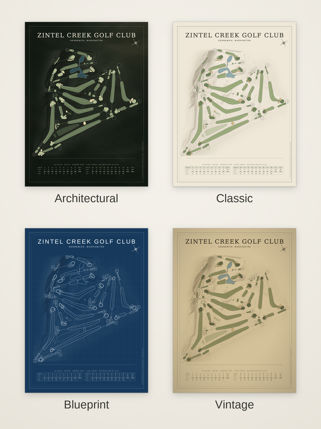 Zintel Creek Golf Club course map poster in four styles: Architectural, Classic, Blueprint and Vintage